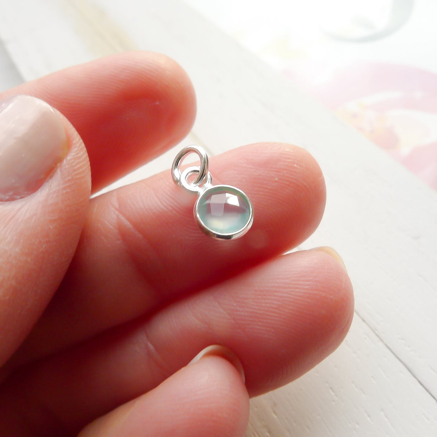 Chalcedony Charm Sea Green Faceted Stone 6mm Gemstone Pendant with Sterling Silver Bezel