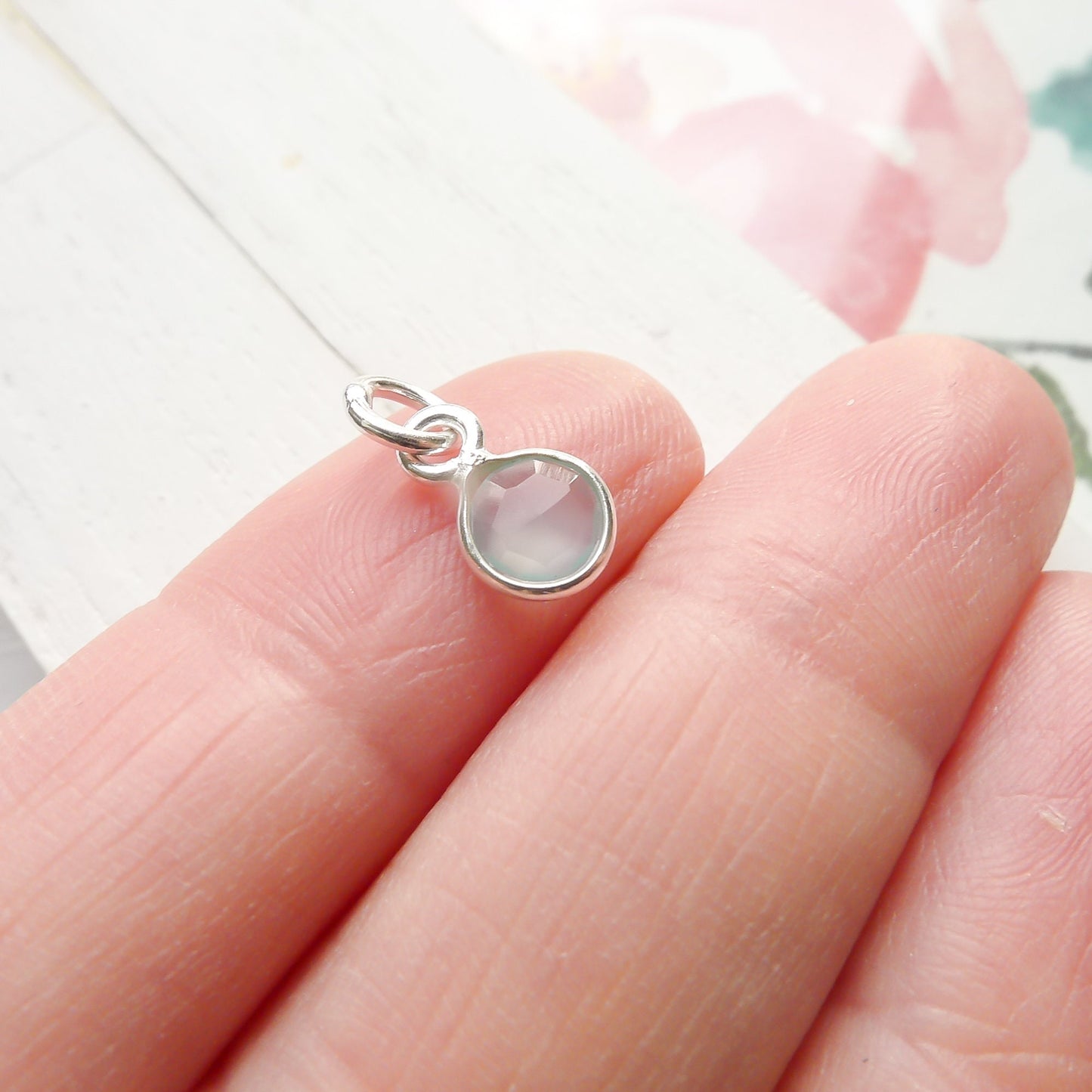 Chalcedony Charm Sea Green Faceted Stone 6mm Gemstone Pendant with Sterling Silver Bezel