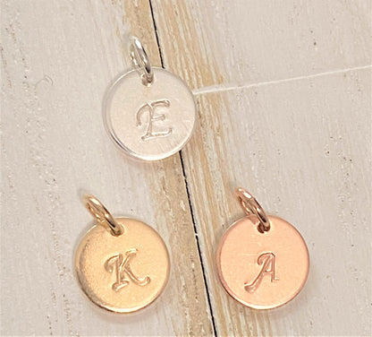 Cursive Initial Charm Tiny Letter Coin for Personalized Jewelry Rose Gold Sterling Silver or Gold Filled