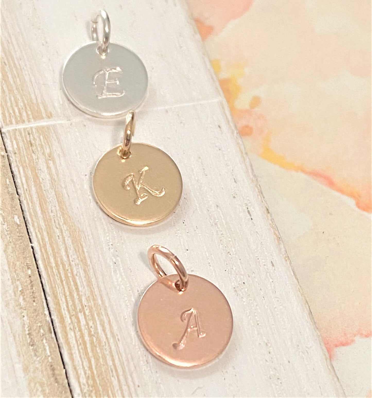 Cursive Initial Charm Tiny Letter Coin for Personalized Jewelry Rose Gold Sterling Silver or Gold Filled