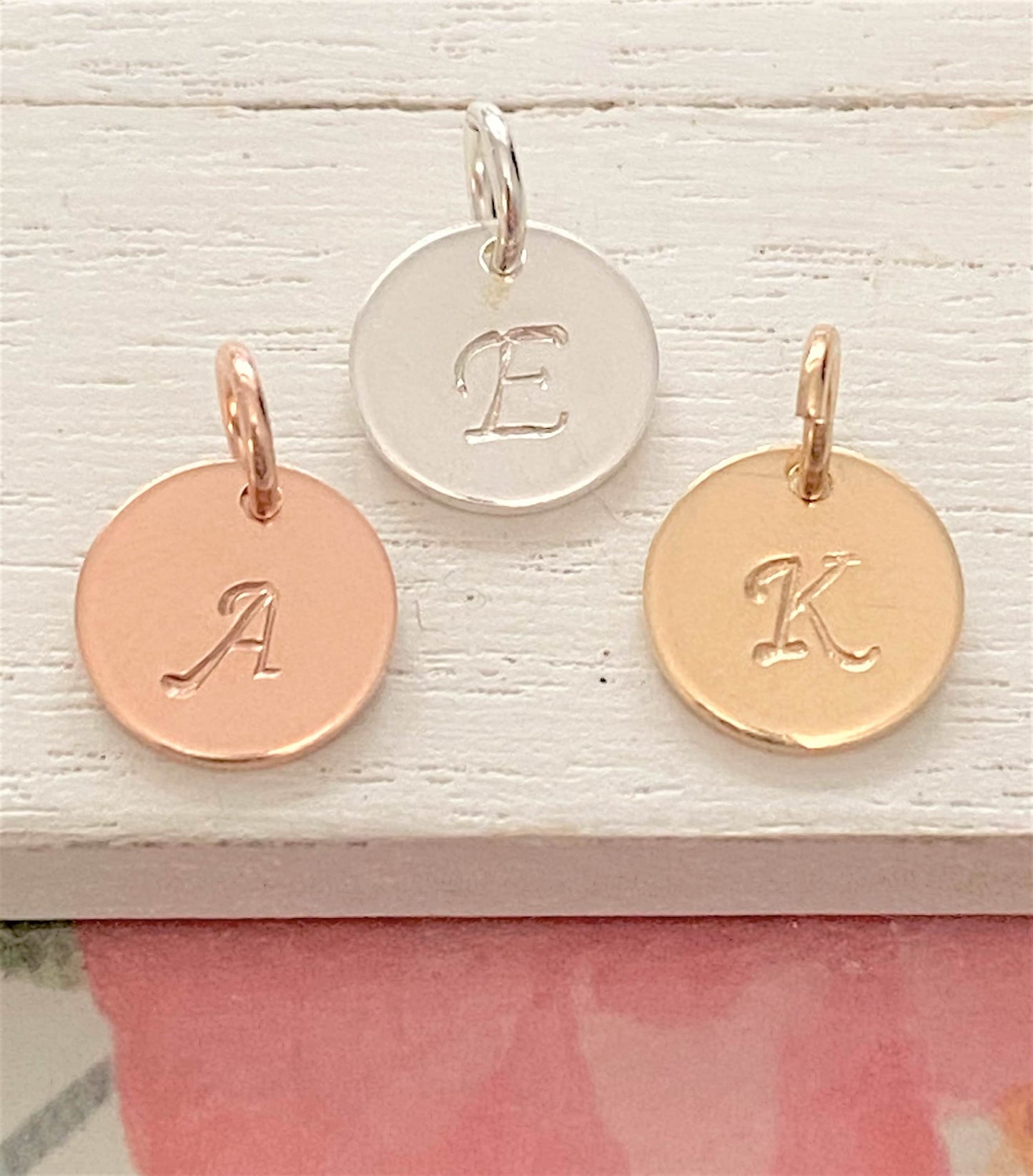 Cursive Initial Charm Tiny Letter Coin for Personalized Jewelry Rose Gold Sterling Silver or Gold Filled