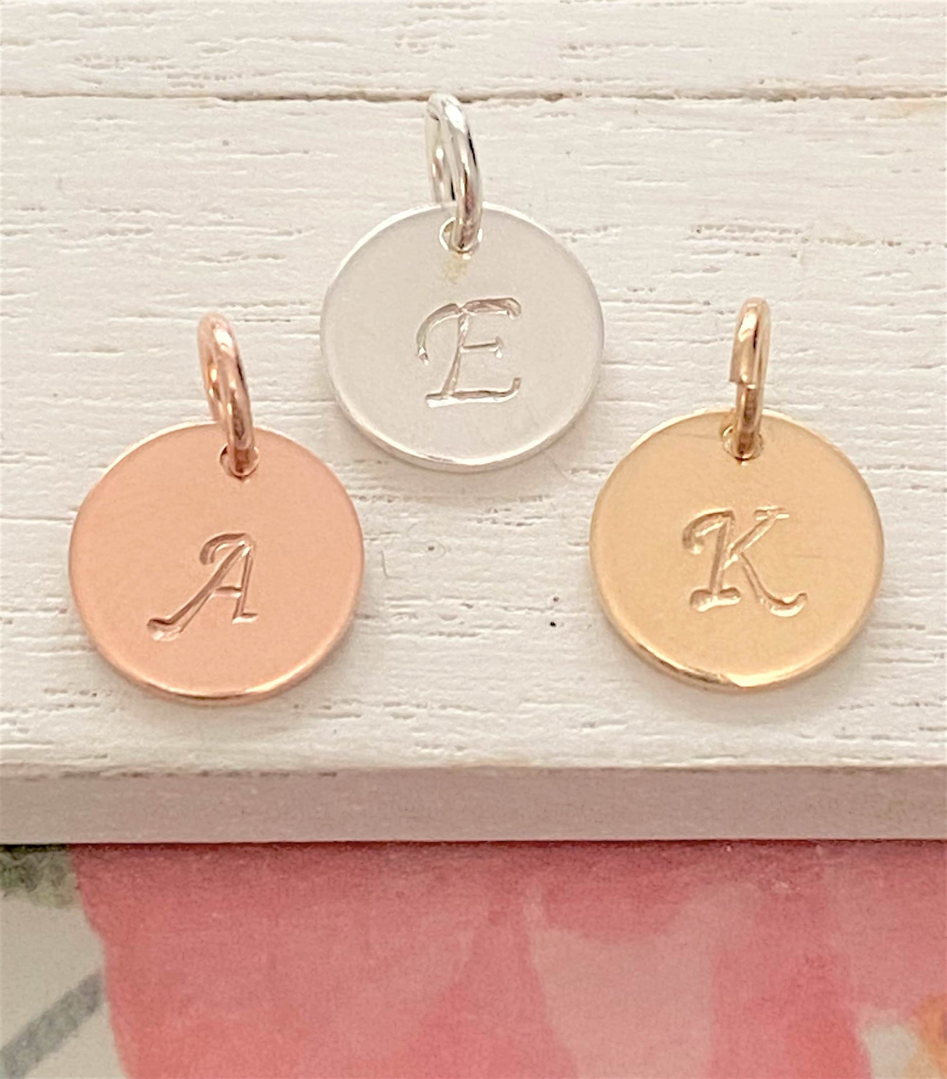 Cursive Initial Charm Tiny Letter Coin for Personalized Jewelry Rose Gold Sterling Silver or Gold Filled