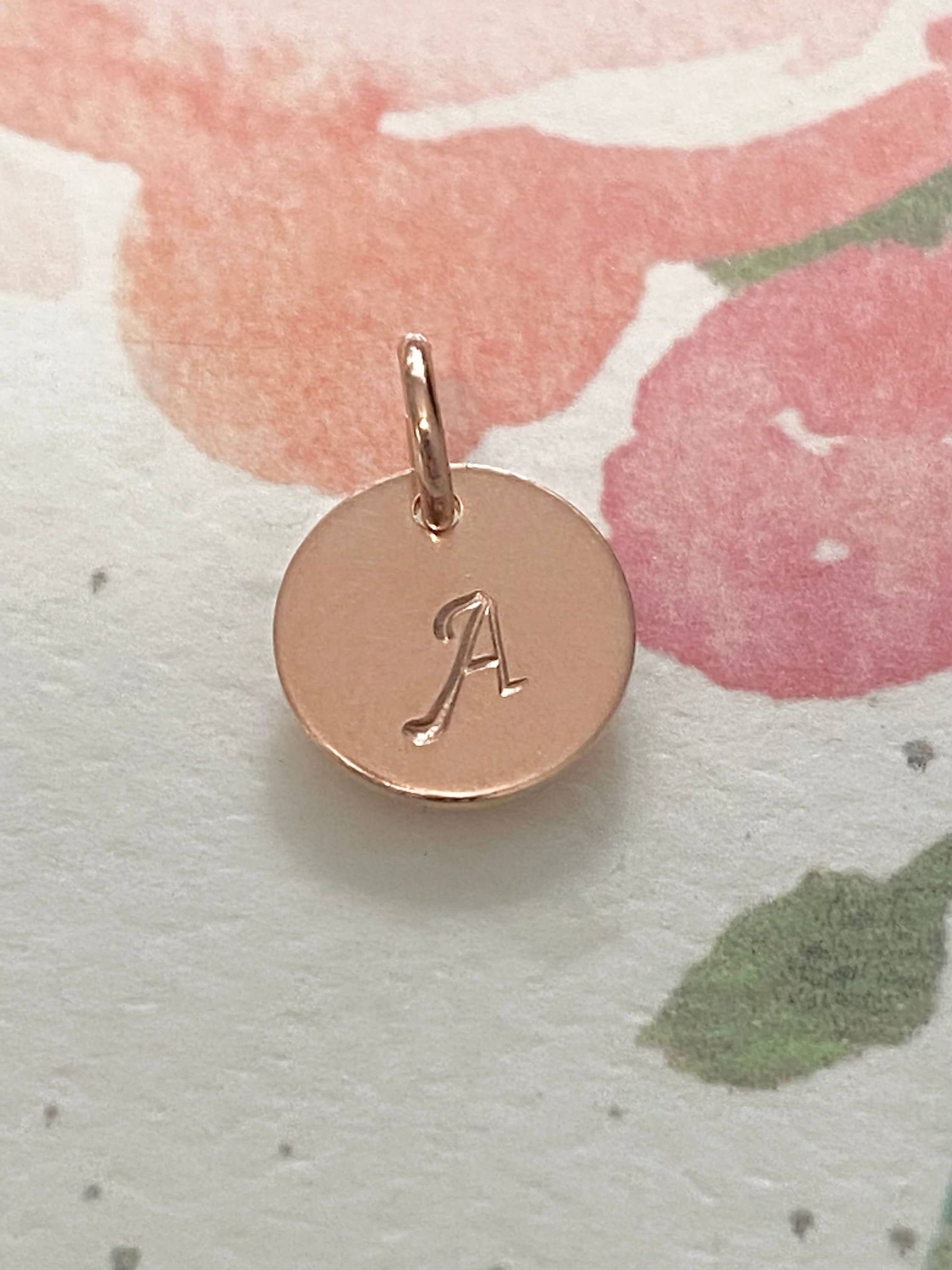 Cursive Initial Charm Tiny Letter Coin for Personalized Jewelry Rose Gold Sterling Silver or Gold Filled