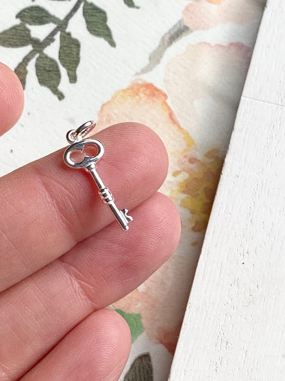 Key Charm Sterling Silver Scroll Skeleton Key Pendant