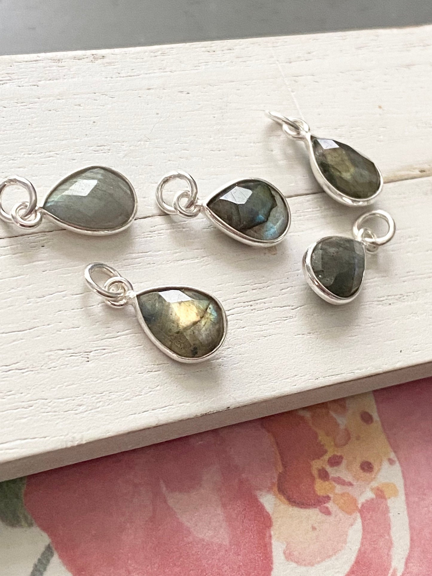 Labradorite Teardrop Charm 10mm Gem Pear Tear Drop in Sterling Silver Bezel