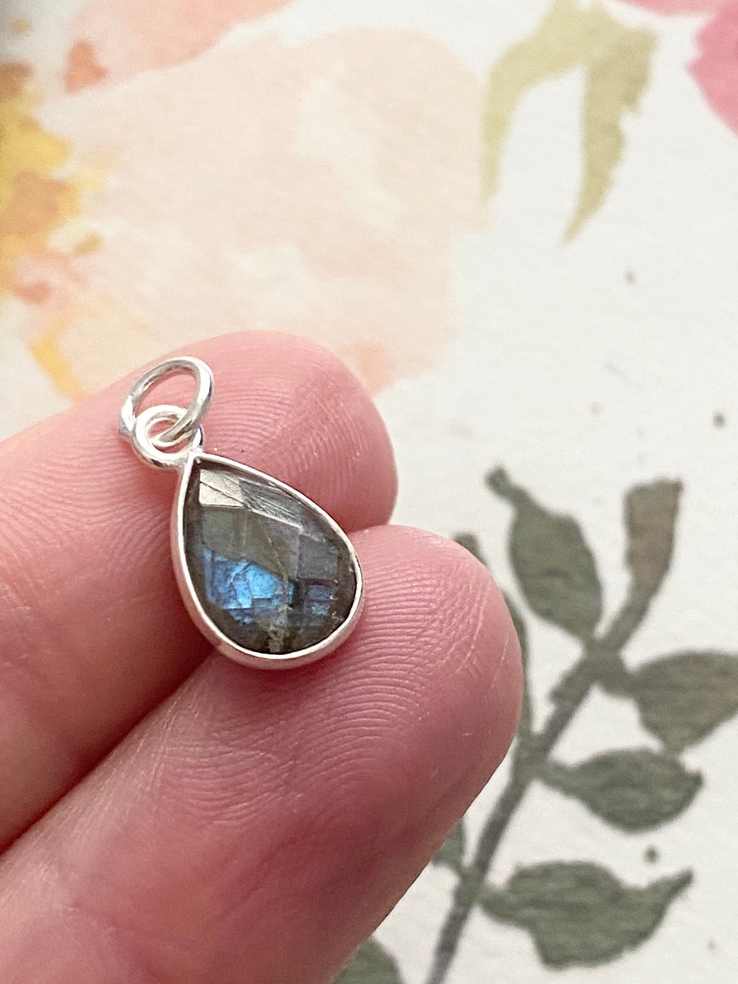 Labradorite Teardrop Charm 10mm Gem Pear Tear Drop in Sterling Silver Bezel