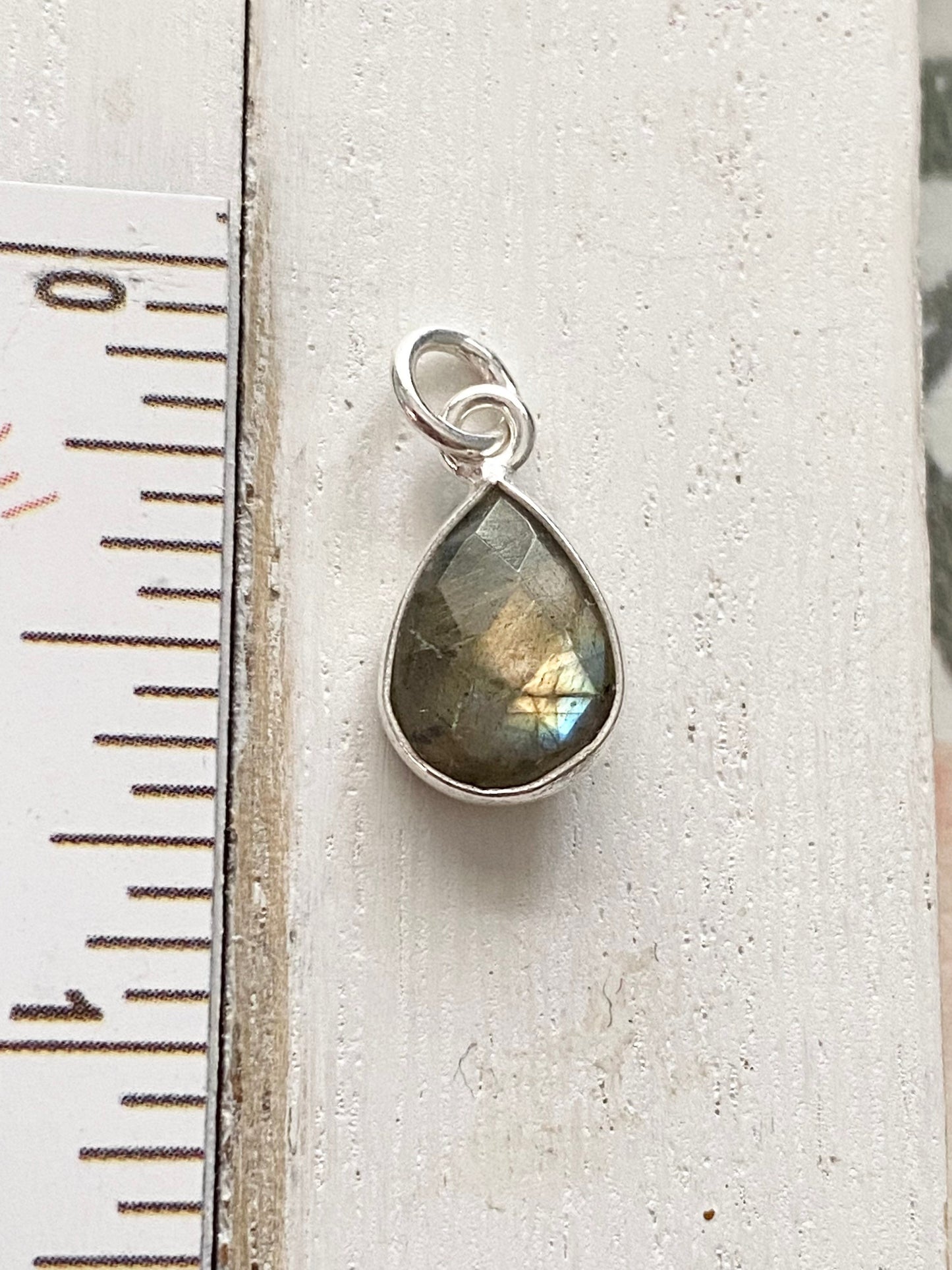 Labradorite Teardrop Charm 10mm Gem Pear Tear Drop in Sterling Silver Bezel
