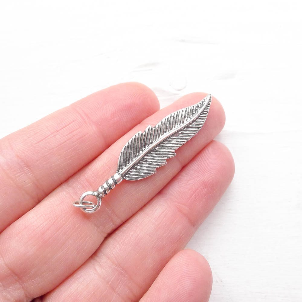 Large Sterling Silver Feather Pendant for Making Boho Jewelry Bohemian Charm
